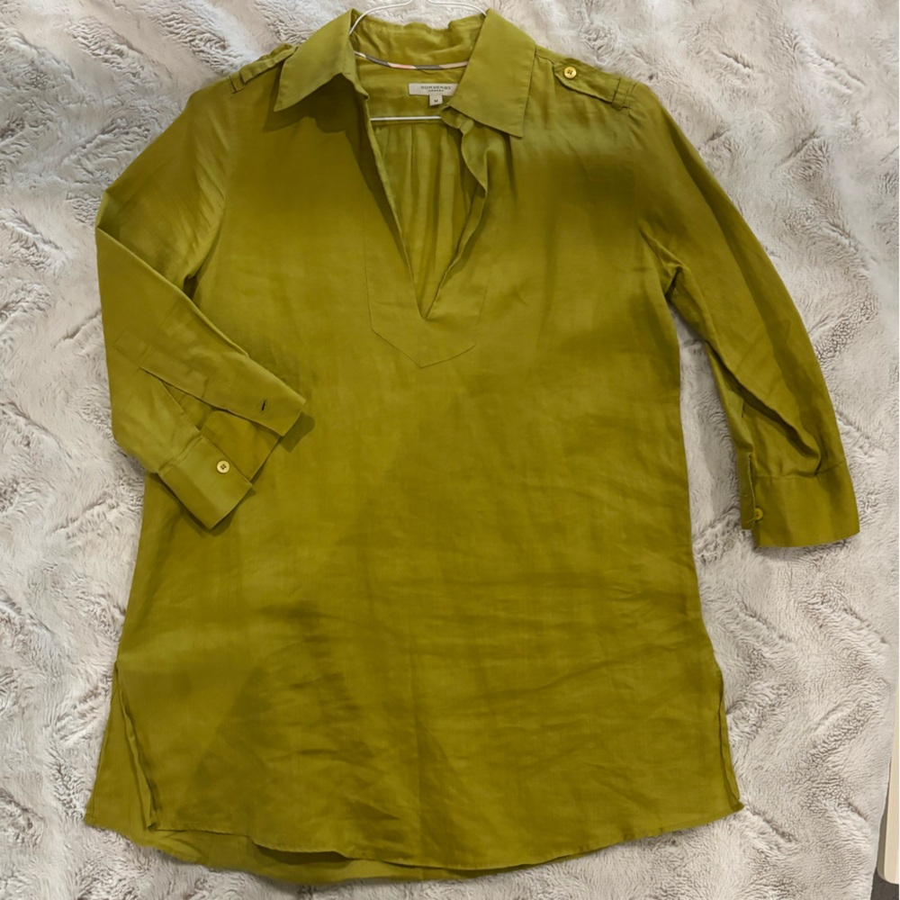 Burberry Bamboo Fabric Lightweight Tunic Top Chartreuse Olive Green like linen